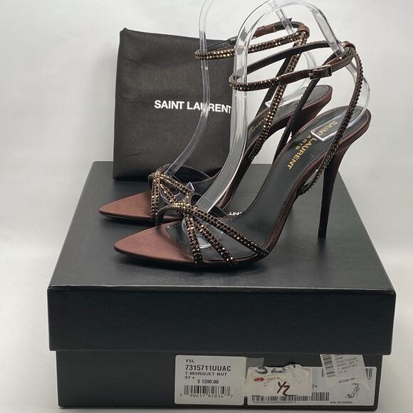 Saint Laurent Ava Sandals in Crepe Satin with Rhinestones size 37.5 - Picture 13 of 16